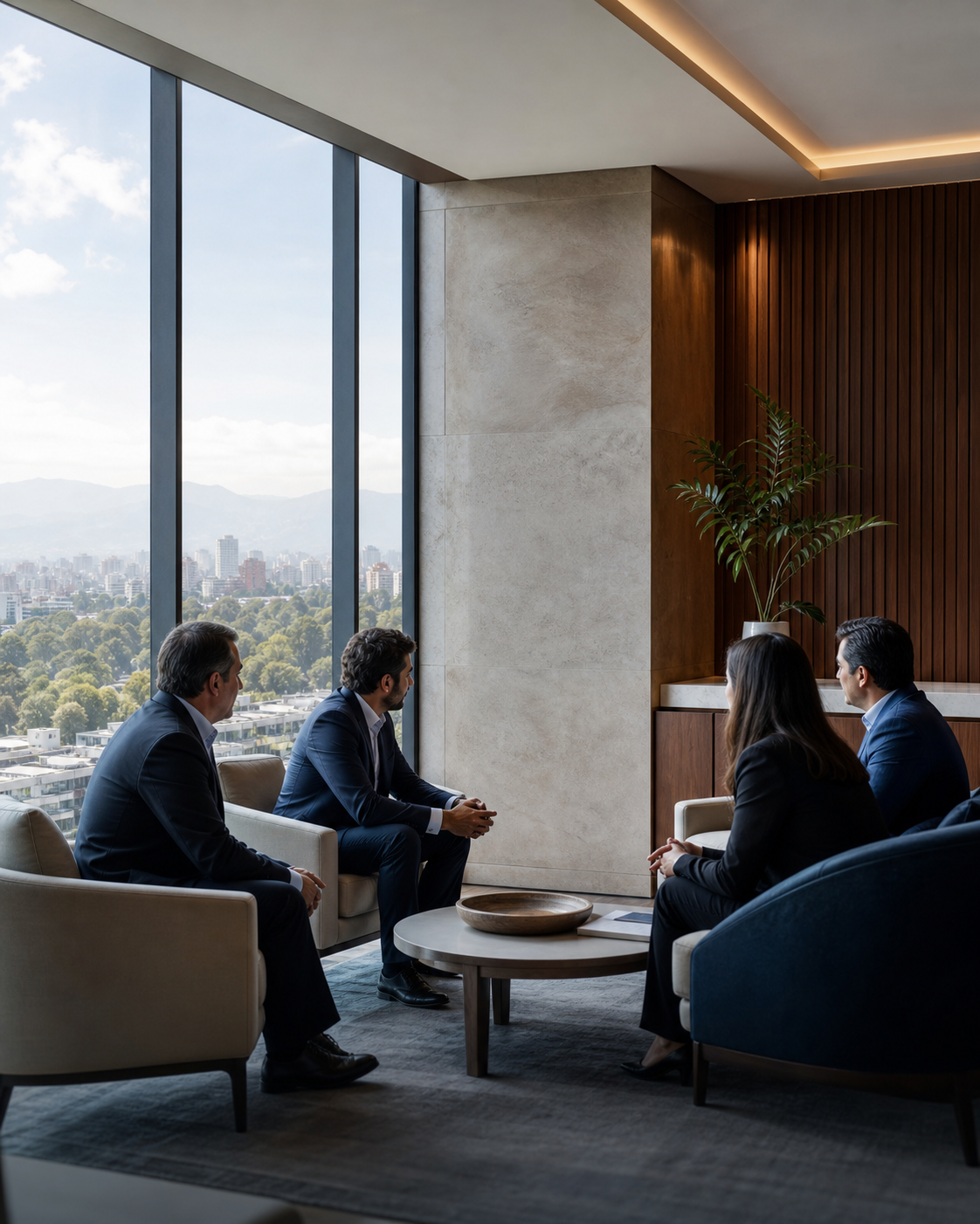Ejecutivos conversando en una sala corporativa con ventanales